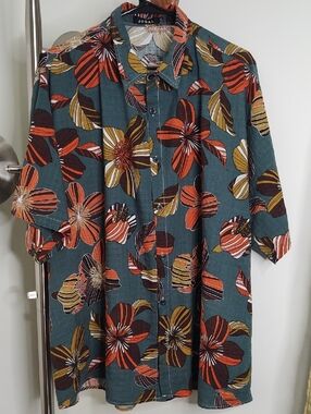 Jogal Green Floral Button-Up Shirt with Rust and Mustard Blooms 3XL